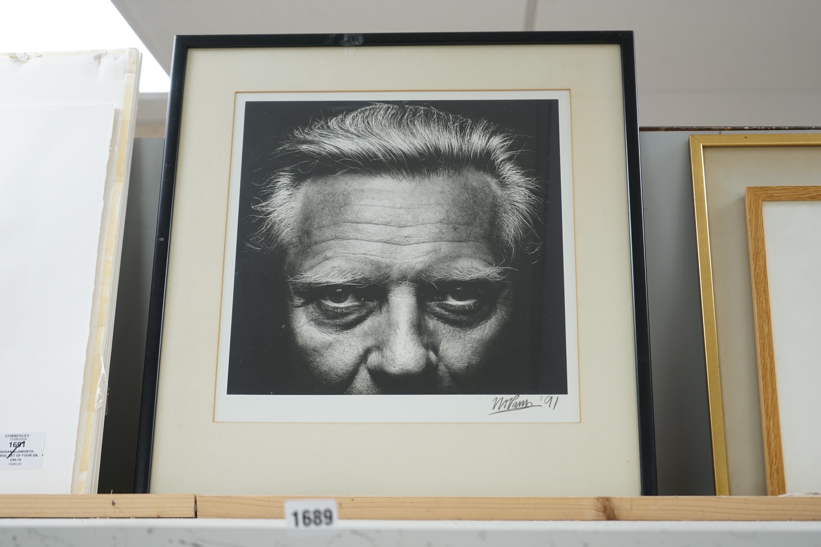 Nigel Parry (American, b.1961), black and white press photograph (used on The Guardian front cover), Portrait of Michael Heseltine, signed and dated '91, 31 x 29cm. Condition - good